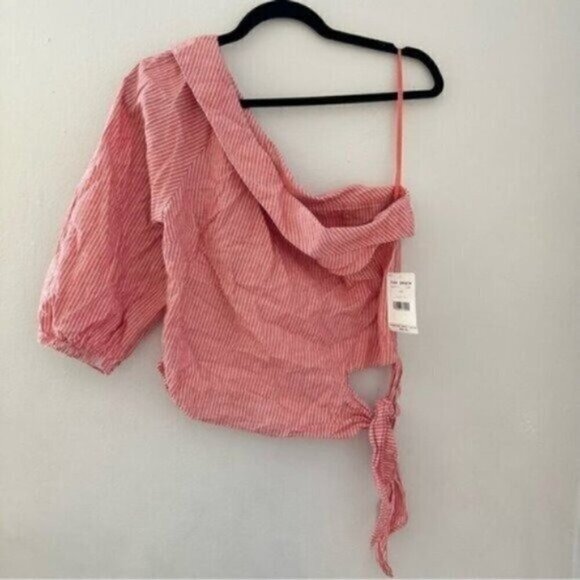 NEW Free People Get Down One Shoulder Crop Top Size 10 Red White Striped Print - Picture 7 of 10